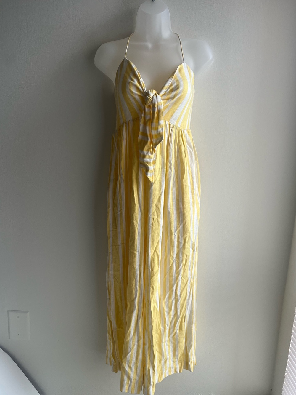 Willow Yellow and White Striped Tie-Front Wide Leg One Piece Jumpsuit Pockets XS